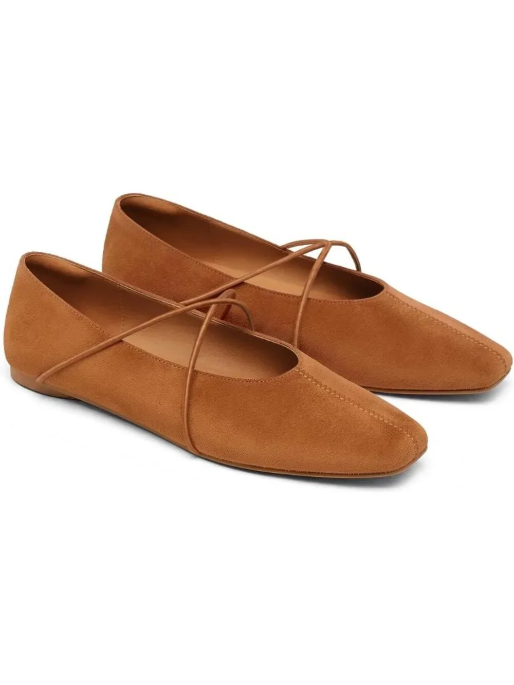 Women's Brown Suede Comfortable Slip On Square Toe Ballet Crisscross Strap Shoes